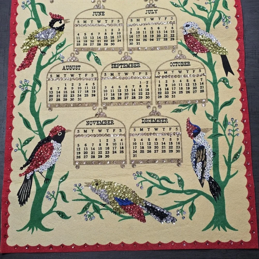Vintage 1972 Felt Wall Calendar with Sequins, Bird Design